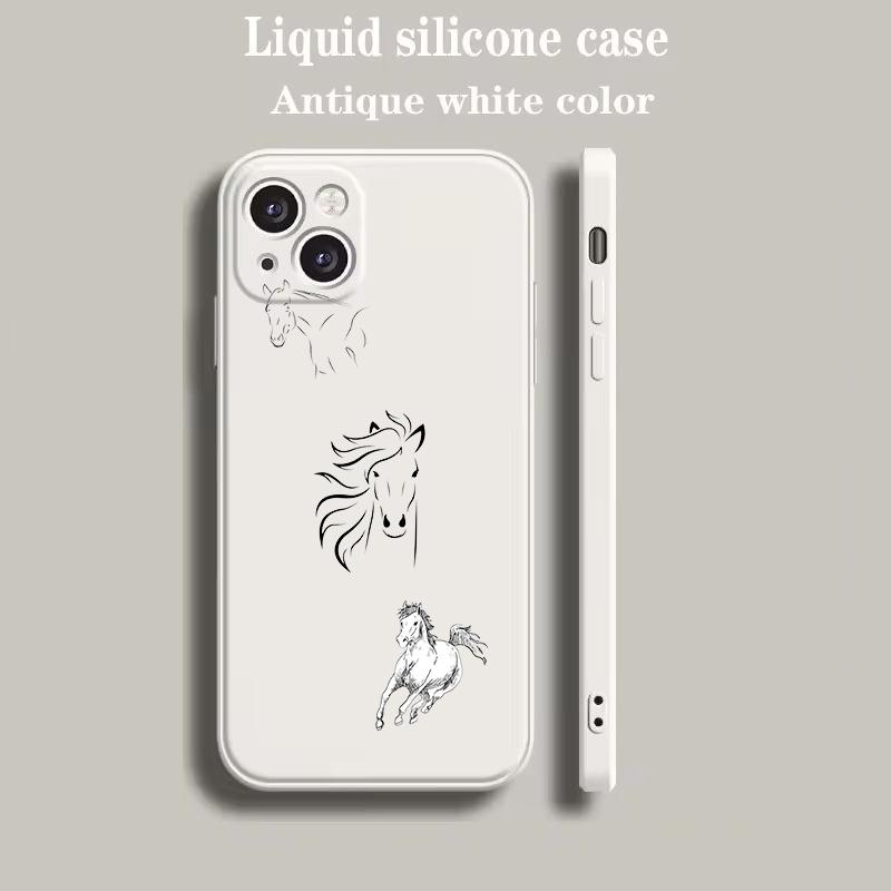 Luxury Color Phone Case For iPhone 15 16 14 13 12 mini 11 Pro Max XS X XR SE 7 8 Plus soft Silicone Beige Cover Animal Art Horse