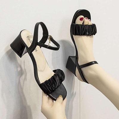 Net Sand Word with Sandals Crystal Fairy Wind Medium Heel French Sandals Women's Thick Heel Thin Strap High Heels Women's