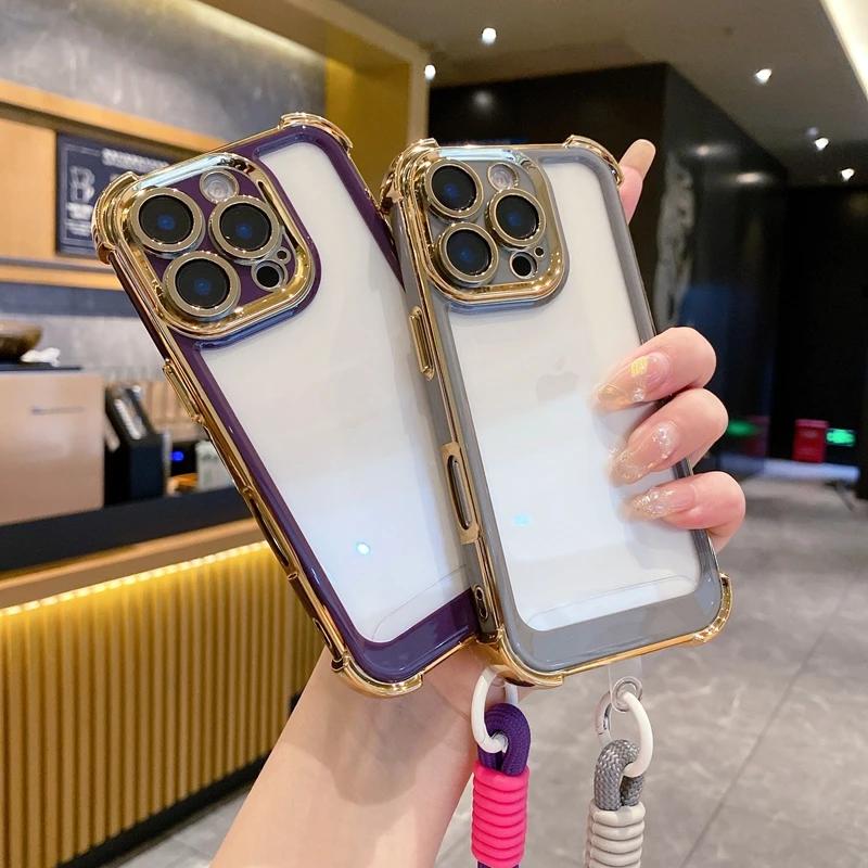 Luxury Electroplate With Lanyard Transparent Phone Case For For Iphone 15 14 13 12 11 16 Pro Max Plus Bumper Shockproof Clear Cover