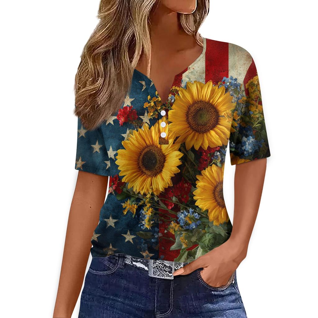 Women's T Shirt Tee Print Button Short Sleeve Daily Weekend Fashion Basic V- Neck Regular Top
