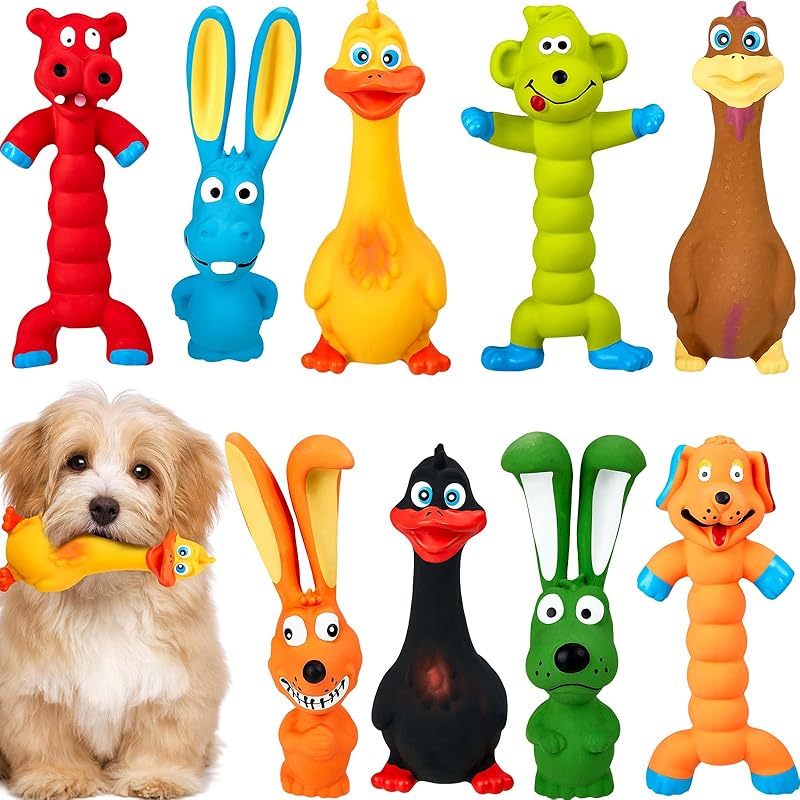 Wettarn 9 Pack Latex Squeaky Dog Toys 7 Inch Soft Rubber Dog Chew Toy Animal Standing Stick Puppy Fetch Interactive Play Assorted Animal Accessories Classic