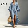 Sweat-absorbent Dress Women's Cotton Linen Maxi Dress, V Neck Batwing Sleeve Comfortable Daily Wear High Split Loose Casual Beach Sundress with