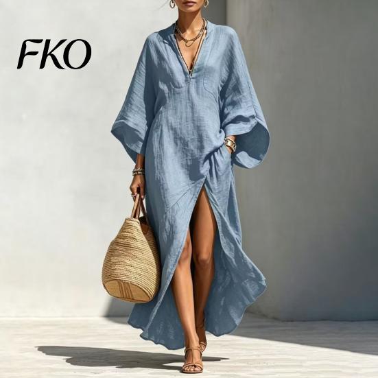 Sweat-absorbent Dress Women's Cotton Linen Maxi Dress, V Neck Batwing Sleeve Comfortable Daily Wear High Split Loose Casual Beach Sundress with