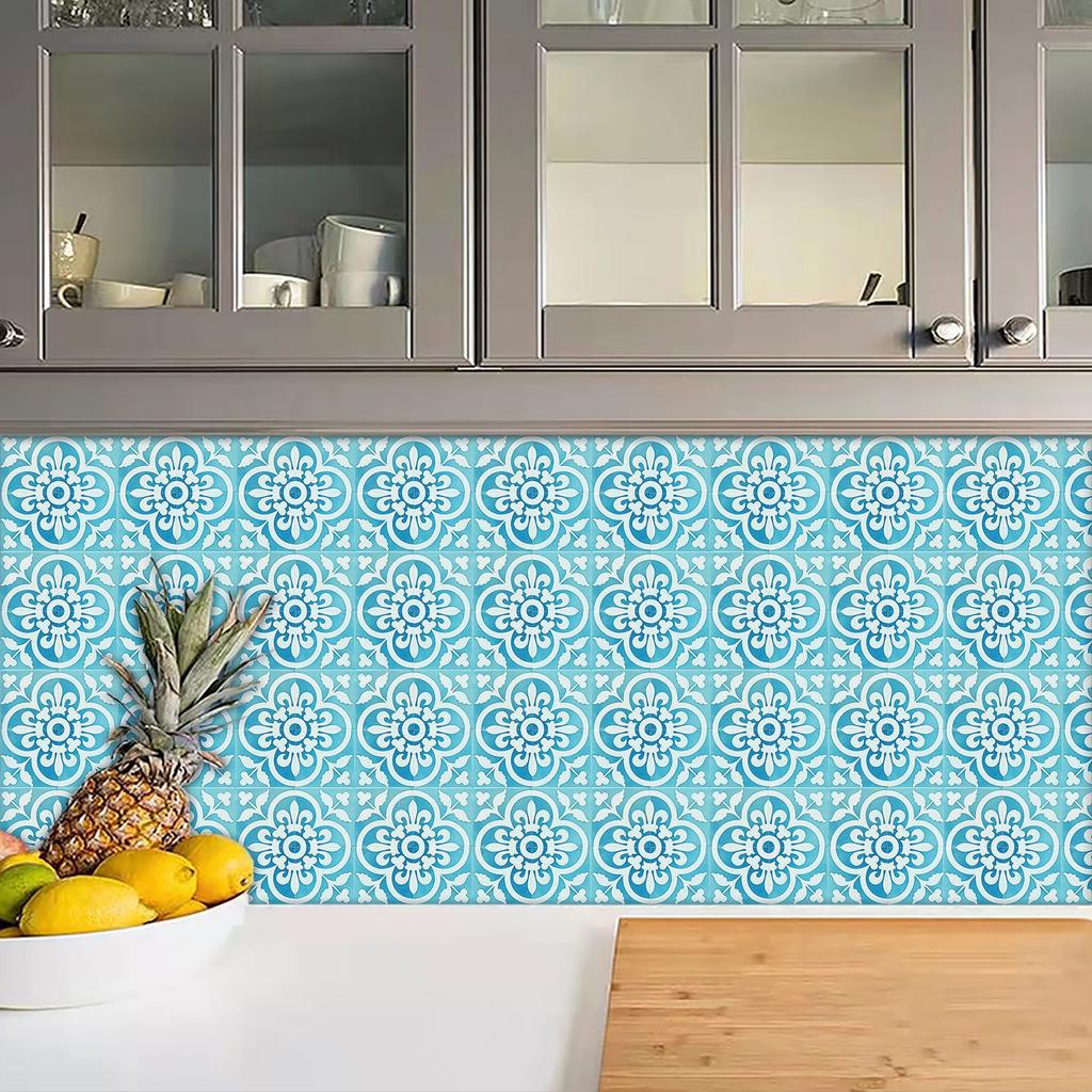 10 Stück Bohemian Retro Fliesenaufkleber mit Blumenmuster Lederstruktur Selbstklebende Wandaufkleber Küchenrückwand Waschbecken Tisch Haus DIY Renovierung