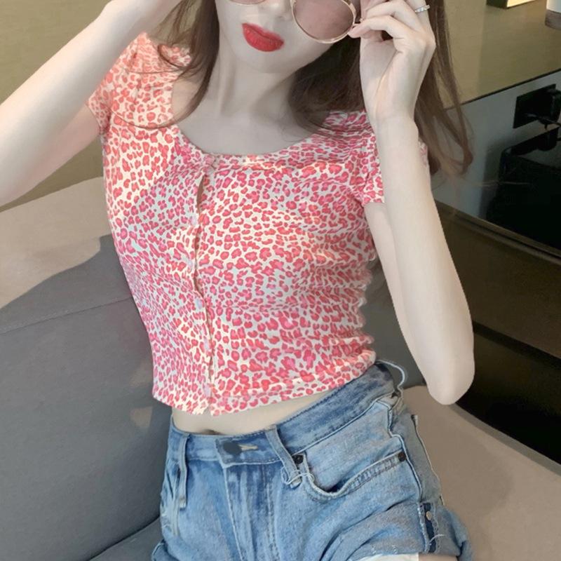 

Женский короткий кардиган с высокой талией, верхняя летняя леопардовая футболка с короткими рукавами One Size