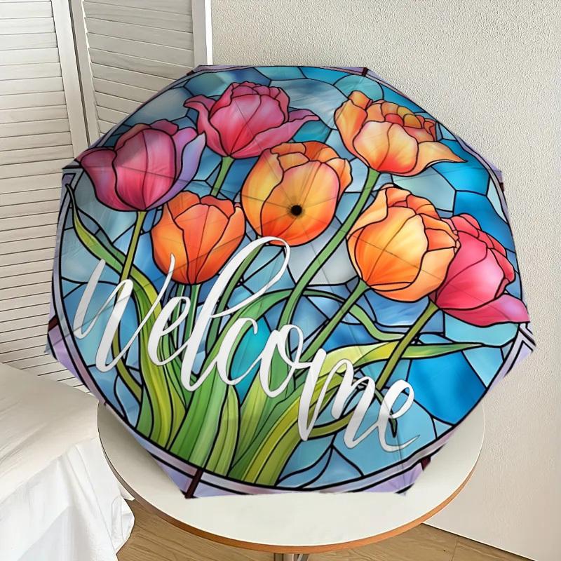 1pc Stained Glass Tulips Welcome Sign Umbrella with Plastic Handle,Suitable for All Seasons Home Travel Outdoor UmbrellaDD922