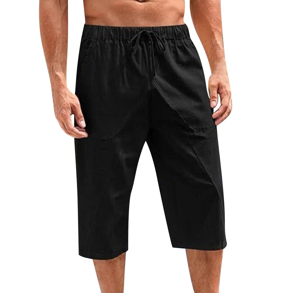 Pánské volné bavlněné a lněné kalhoty Plážové ležérní sportovní kalhoty Jednobarevné Sedmibodové šortky z bavlny a lnu