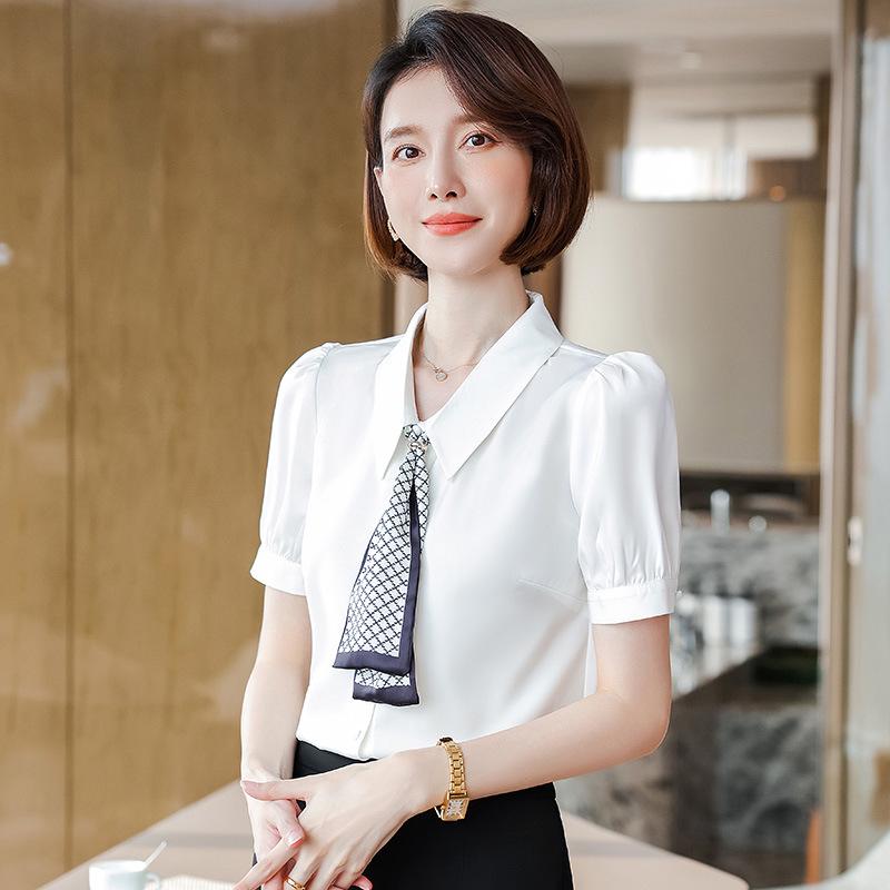Women's Short-Sleeve White Chiffon Shirt - Trendy Professional Summer Top