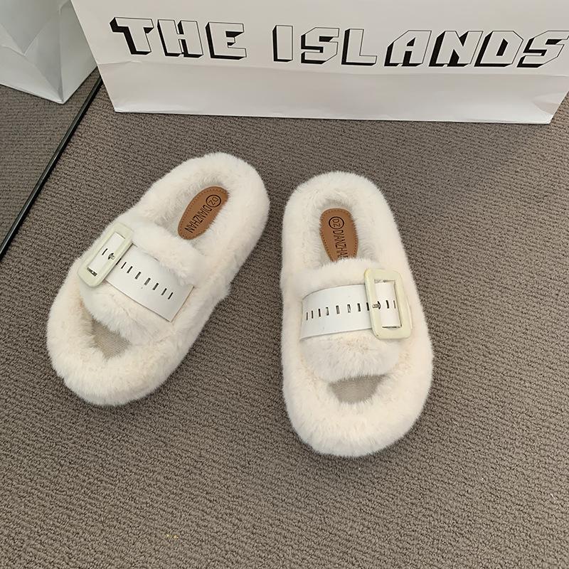 Mao Mao slippers women's wear 2025 autumn and winter new Korean version of one-word slippers fashion belt buckle plush cotton slippers