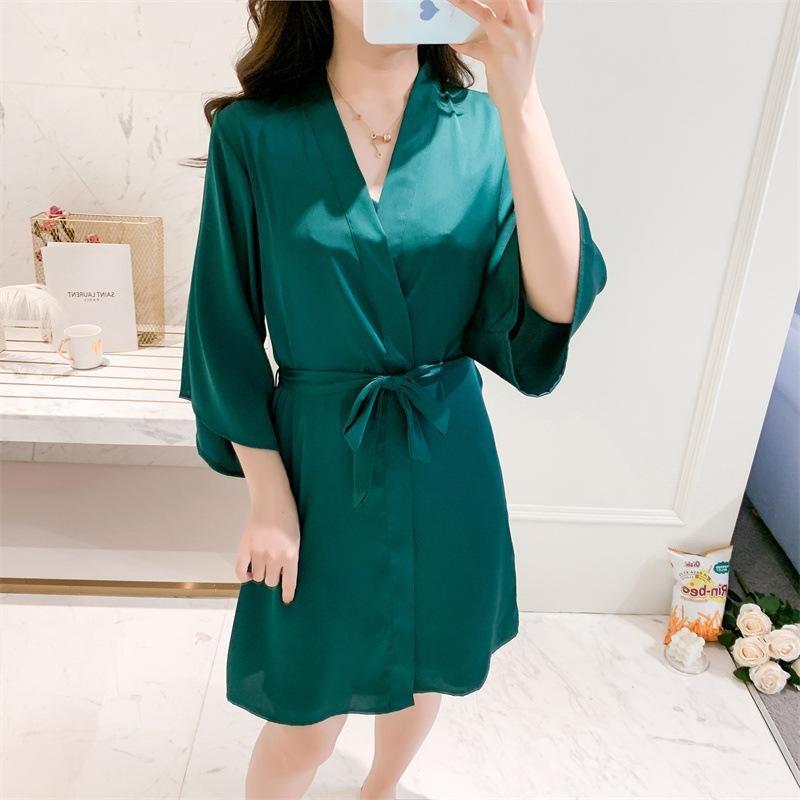 Spring and Summer New Women's Summer Loose Large Size Wedding Morning Robe Casual Single Nightgown Silk Bathrobe Robe