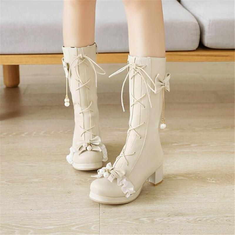 Girls High Heels Shoes Fashion Princess Wedding Party Shoes Cross Tied Bow High Heel Boots Women's Boots Ladies Shoes 30-46