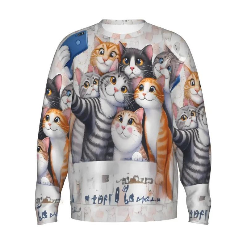 Round Neck 3D Cat Printed T-shirts Casual Long Sleeved Men's T-shirts - Soft Medium Stretch Polyester Fabric Spring and Autumn Relaxed Fit Clothing