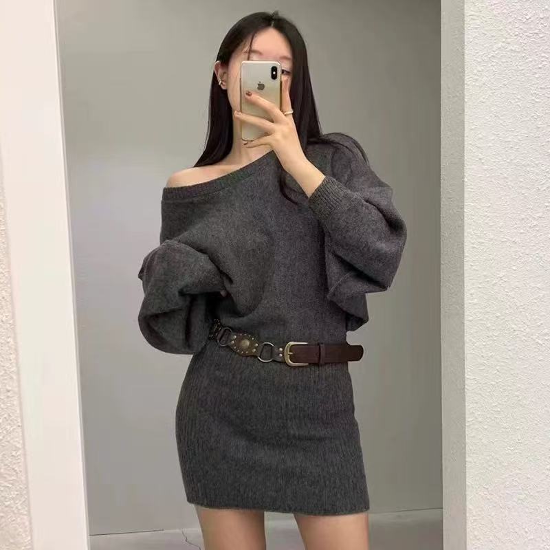 American Spice Girl Lazy Premium Autumn and Winter Knitted Dress Loose Bat Sleeve Off Shoulder Short Hip Wrap Dress