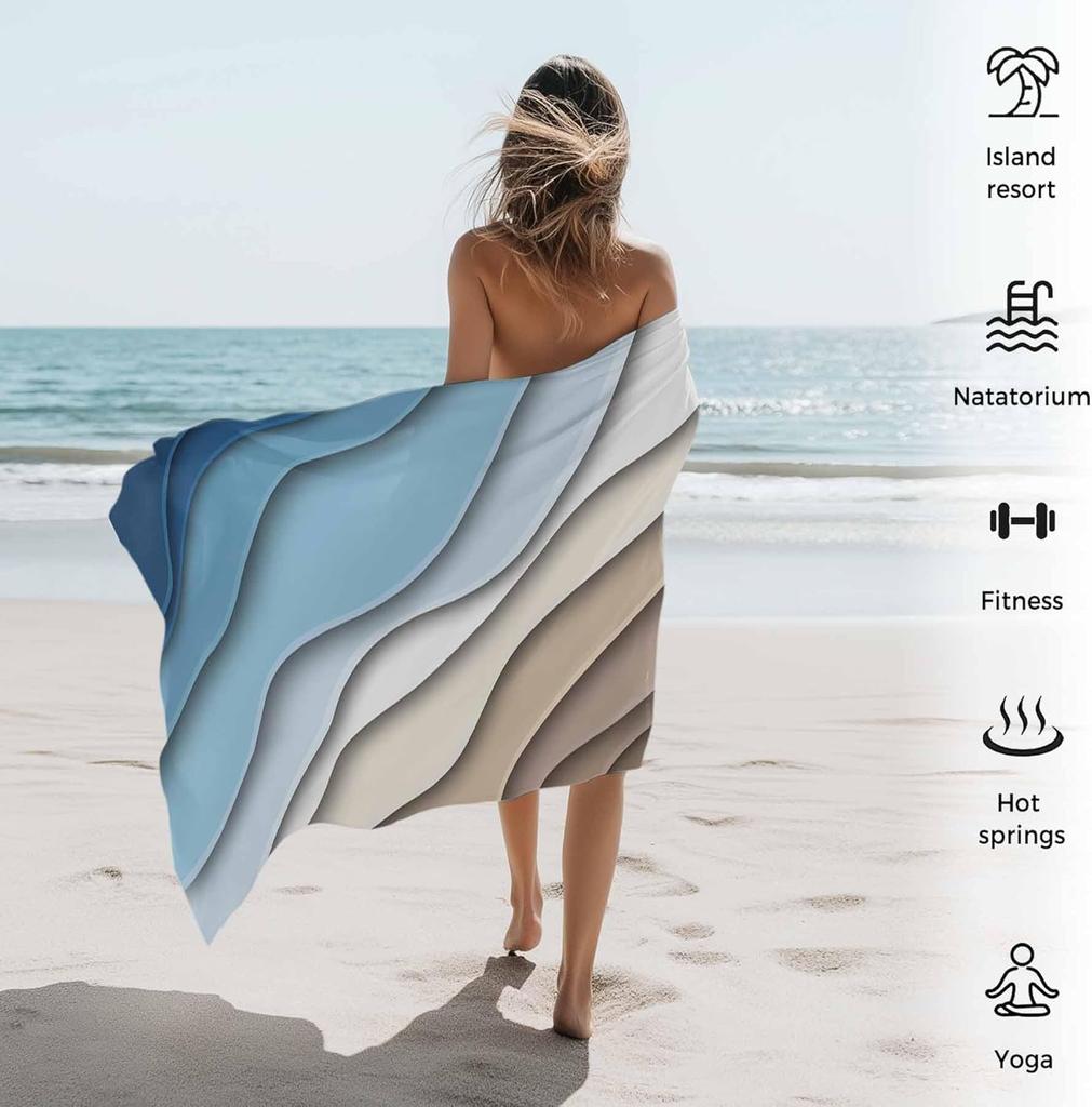 Beach Towel Blue Brown Modern Geometric Bath Pool Towels Ombre Blue Abstract Soft Absorbent Beach Towels Large Quick Dry