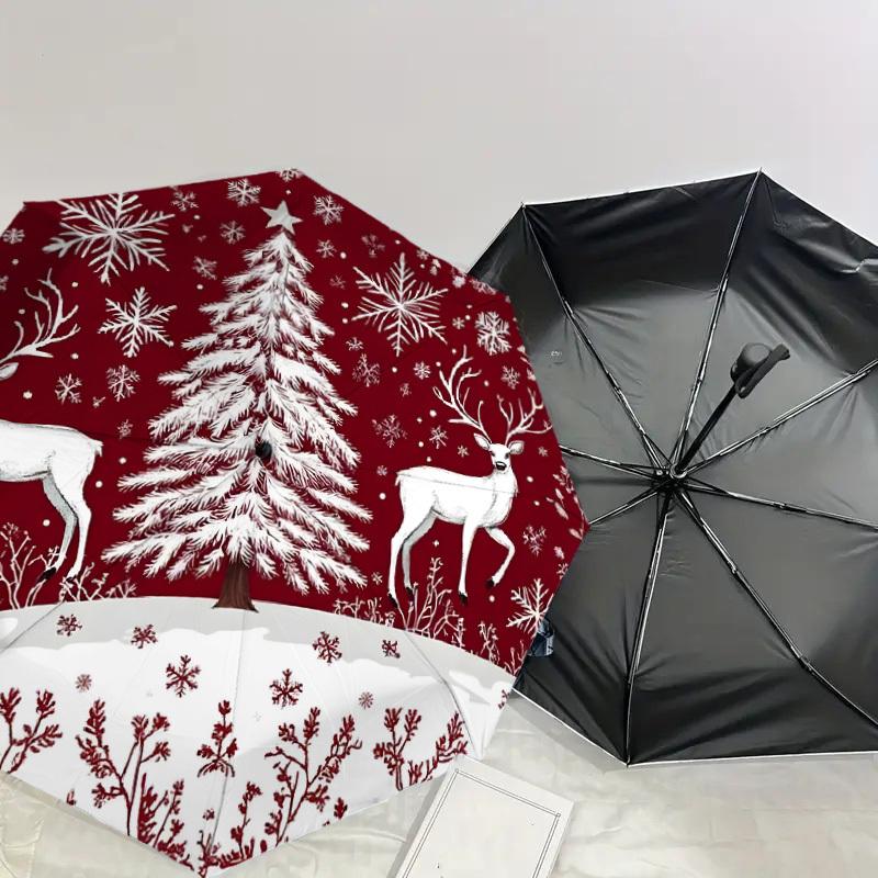 1pc Christmas Scene with Snowy Tree and Deer Umbrella with Plastic Handle,Suitable for All Seasons Home Travel Outdoor UmbrellaDD1298