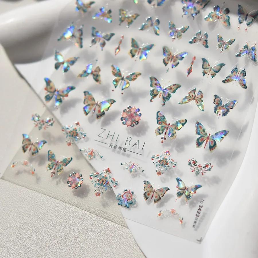 Shiny Jelly Butterfly Charming Golden Gradient Bowknot 5D Self Adhesive Nail Art Sticker Flower Petal Rhinestone Manicure Decals
