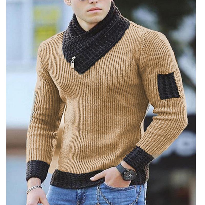 Men's Long Sleeve Pullover Knit Sweater Patchwork Scarf Neck Gentleman Slim Sweater