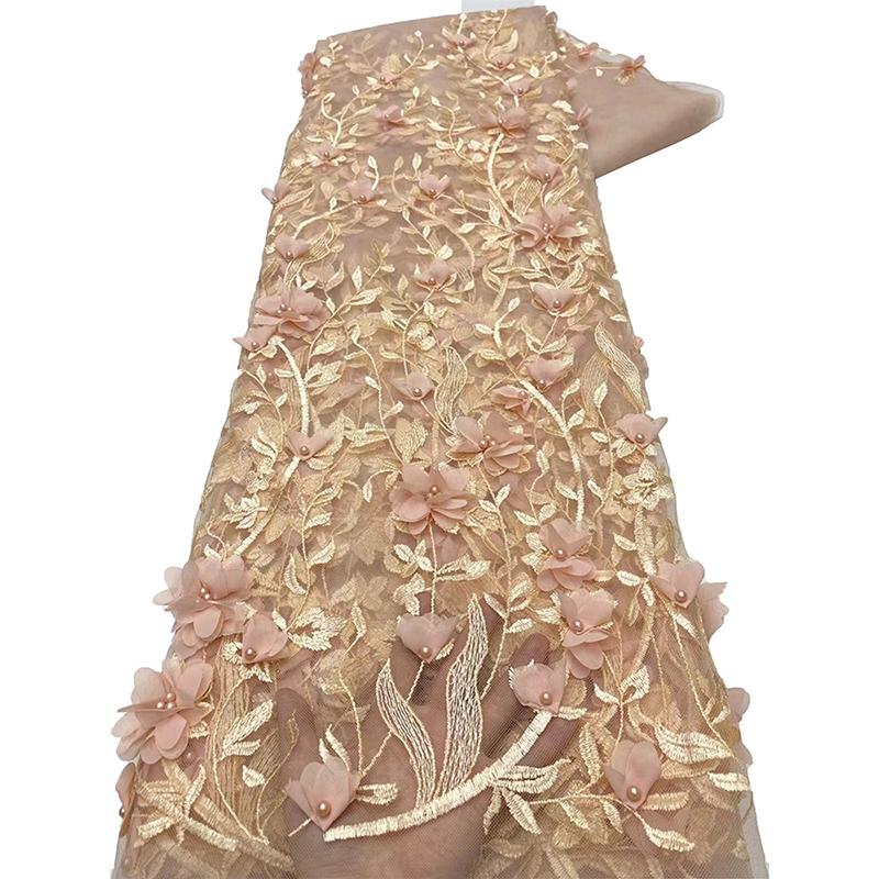 

1 ярд 3D кружевная ткань с цветочной вышивкой и аппликацией, высококачественная африканская свадебная тюлевая кружевная ткань для самостоятельного шитья свадебного платья 1Yard