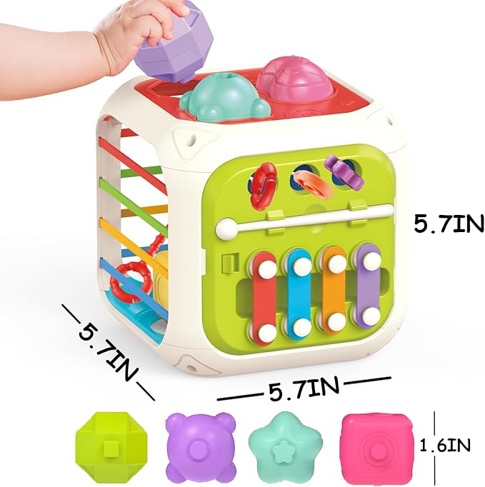 7-in-1 Interactive Activity Cube , Montessori Sensory & Educational Toy for 1 2 3 Year Old Boys Girls, Multicolor