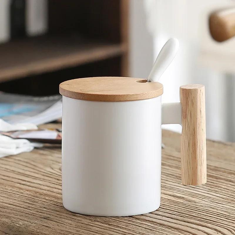 Ceramic Coffee Mug with Wooden Handle and Lid Heat Insulation Office Home Couple's Cups Gifts Spoon Tea Milk Water Cup Drinkware