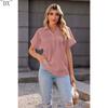 DX~Women's Cotton Linen Shirt Short Sleeved Henry Shirt Button Up V-neck Casual Work Top with Two Pockets