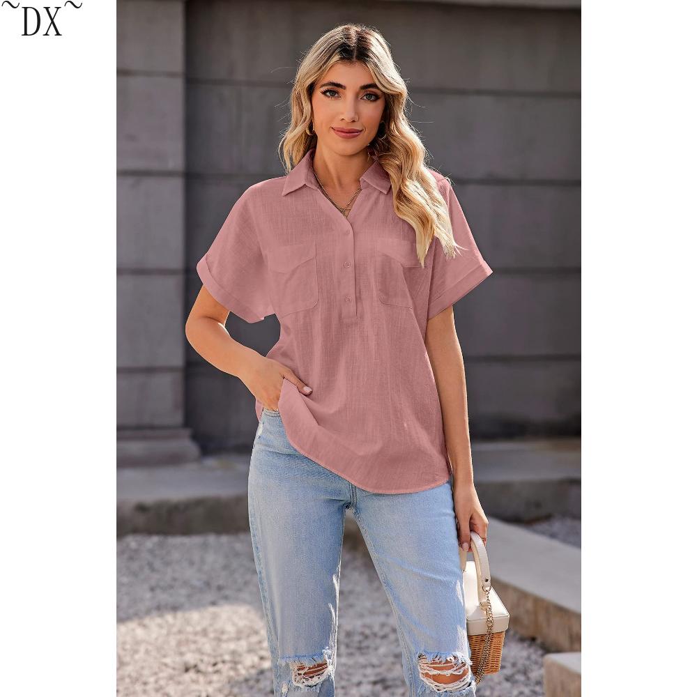 DX~Women's Cotton Linen Shirt Short Sleeved Henry Shirt Button Up V-neck Casual Work Top with Two Pockets