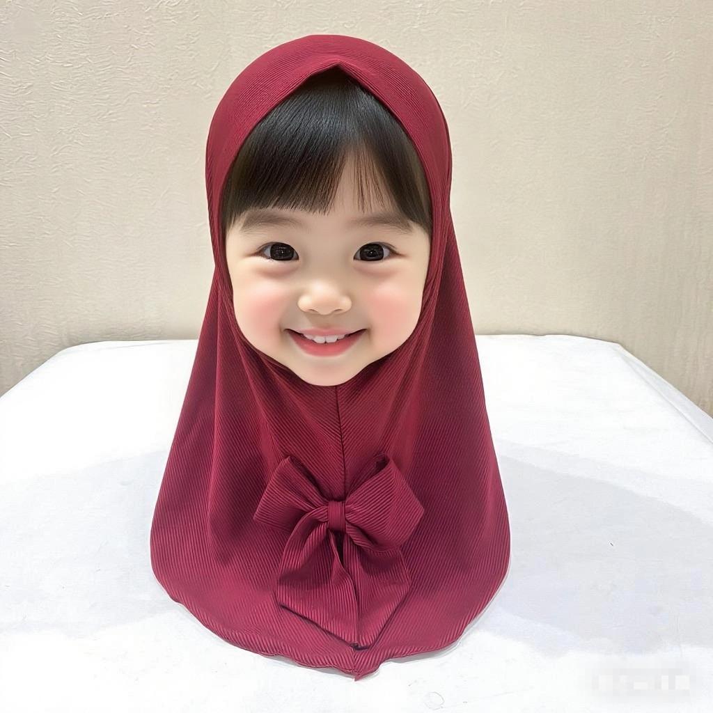 Beautiful Plain small girl hijab with bow simple cute hijab hats women's caps can fit 2-6 years old girls