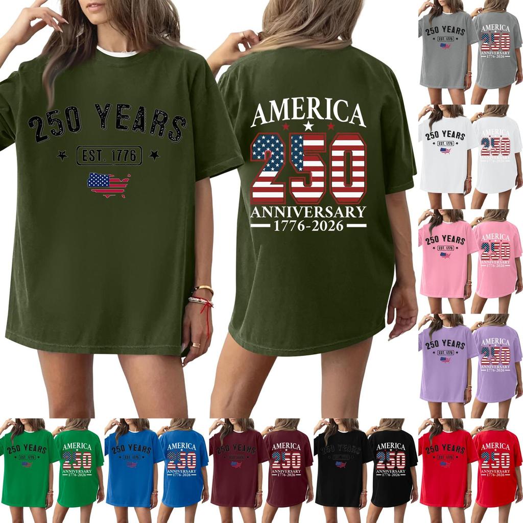 Damen Casual Unabhängigkeitstag 250. Jubiläum Bedrucktes T-Shirt Rundhals Pullover Kurzarm Oberteil