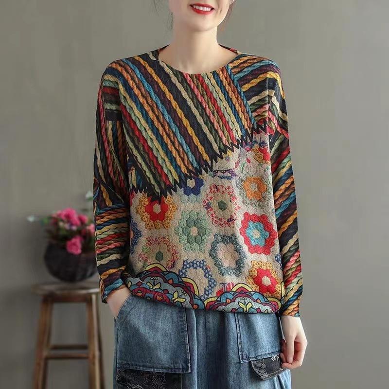 Frühling Herbst Winter Retro Literarisch und Künstlerisch Bunt Bedruckter Rundhals-Pullover Damen Koreanische Version Der Dicke Lockere Western-Stil Pullover