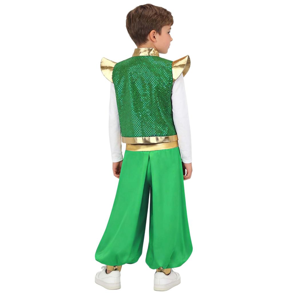 Set 2 Piese Vestă Basm Arabesc Băieți Paiete Metalic Guler Înalt Umeri Pad Pantaloni Largi Talie Înaltă