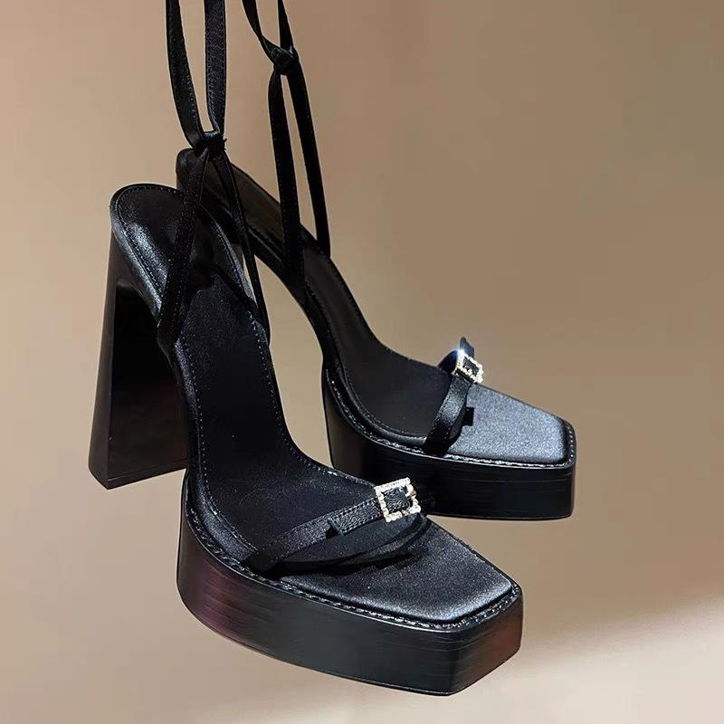 Fashion Sexy Sandals Women's 2024 Summer New Fashion Thick Heel One Line Buckle Waterproof Platform Square Head Open Toe High Heels