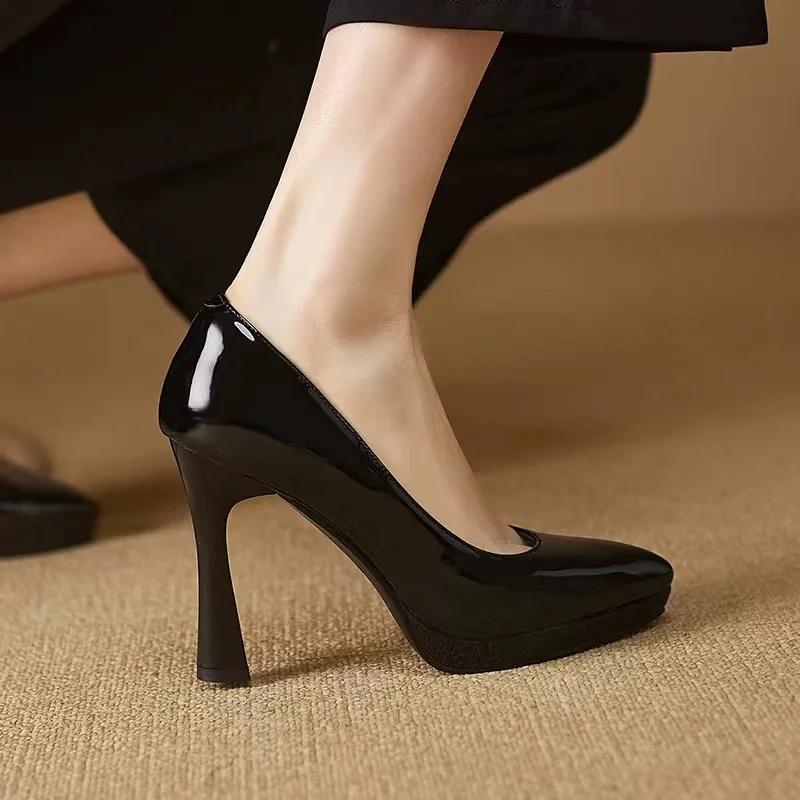 Spring And Autumn New Style Waterproof Platform Slip-On Shoes, Fashionable Banquet Work Shoes, Pointed Toe Thin Heels