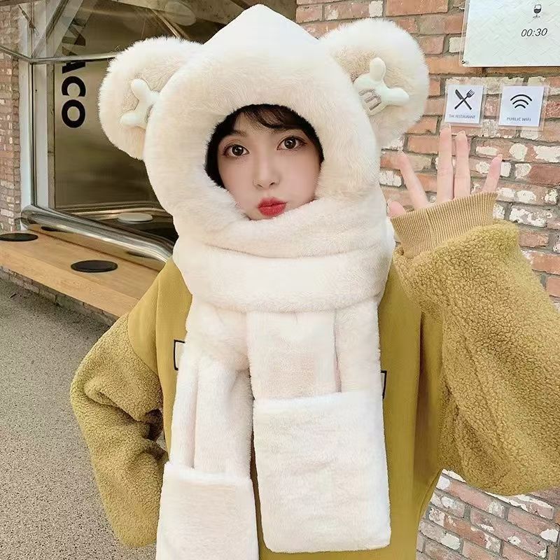 Hat Women's Winter Three-piece Set Thickened Scarf Gloves One-piece Hat Student Warm Cute Scarf Plush One-piece Hat