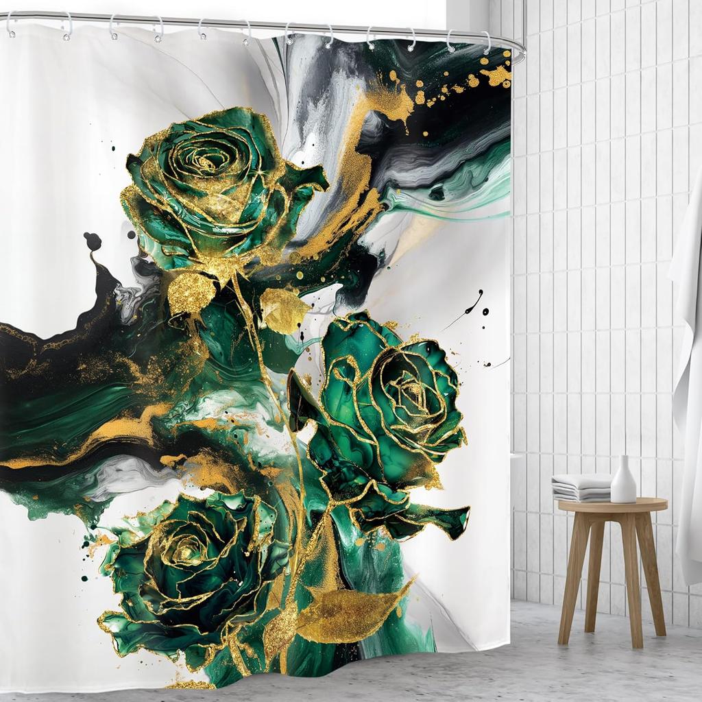 Green Gold Marble Flower Shower Curtain Rose Abstract Modern Floral Luxury Minimalist Ink Texture Men Hooks Fabric Waterproof