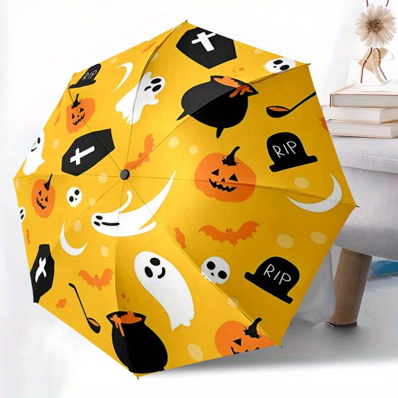 1pc Halloween Ghosts Automatic Open/Close Umbrella with One-Touch Button, Compact Folding Canopy, Sturdy 8-Rib Windproof Design -041