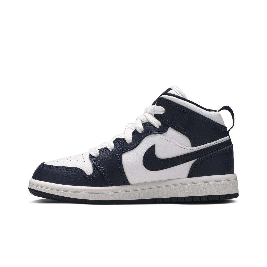 Air Jordan 1 Mid PreSchool 'Obsidian' (Unisex) White / Metallic Gold / Obsidian Kids' Basketball Shoes 640734 174