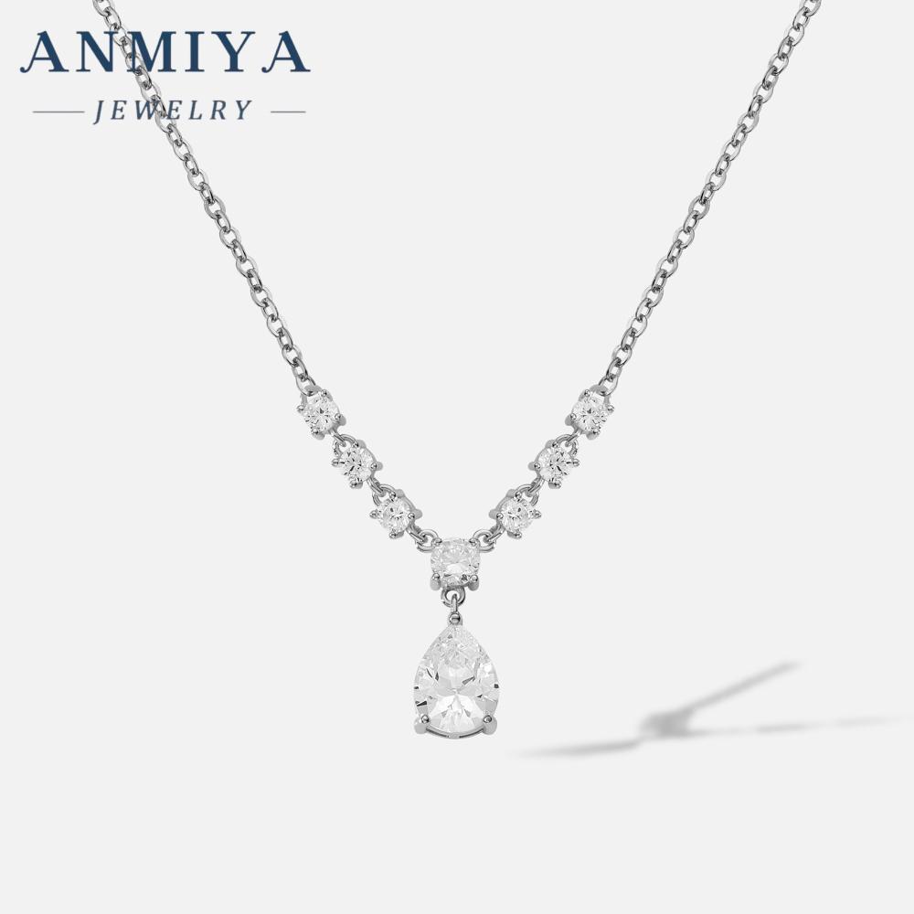 ANMIYA Custom 18K White Gold Zircon Necklace Latest Fancy Zircon Pear Cut Pendant Fancy Sterling Silver Jewelry серебряный