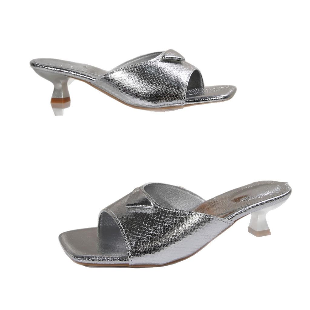 Women's Shoes Summer New Silver Square Head Versatile Temperament Thin Heel Temperament Fashion Low Heel Cool Slippers