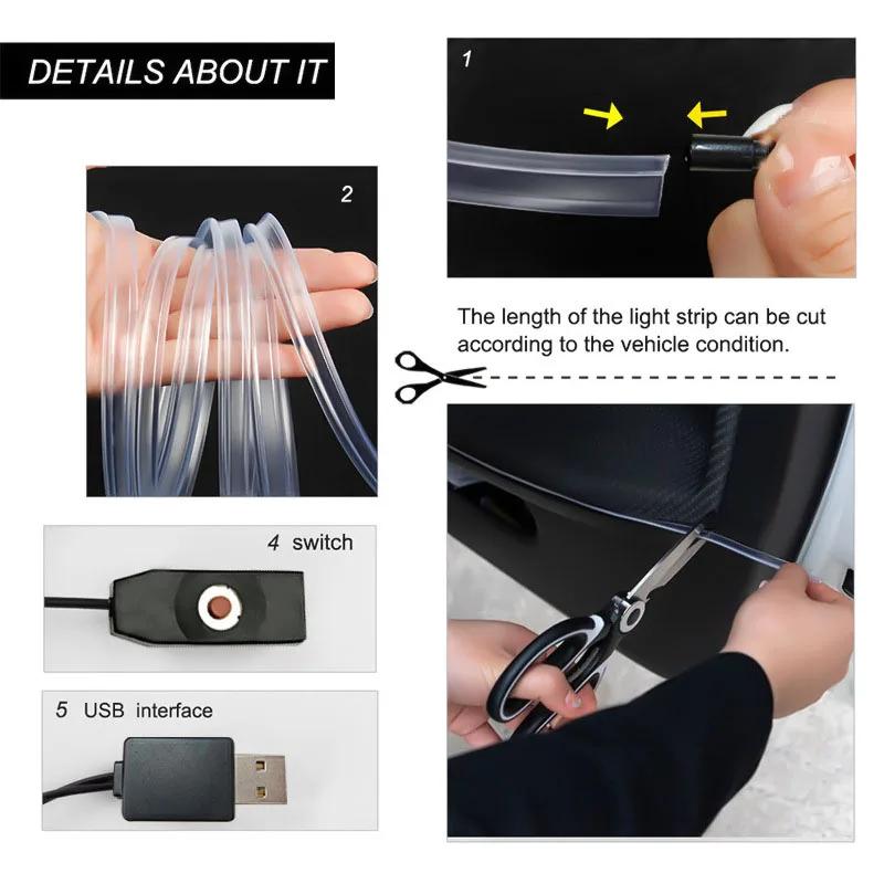 2-5M Car Console Decor Light RGB Ambient LED Light Strip USB Fiber Optic Atmosphere Lamp 8 Color Changing for Car Interior Decor