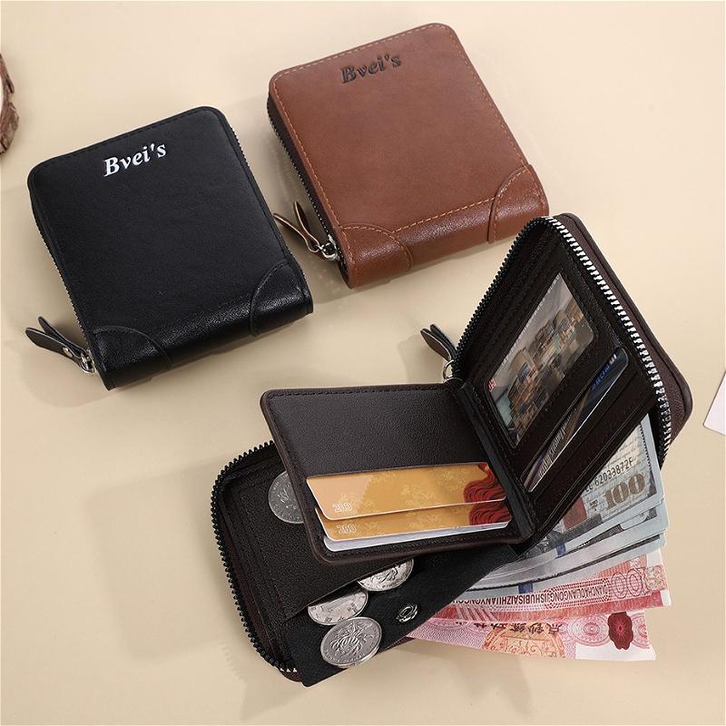 Men Vintage PU Leather Wallet Zipper Trifold Wallet Short Wallet Multi Card Holder Coin Pocket ID Window Casual Business Purse