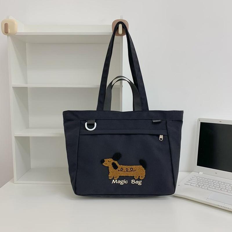 

SCIONE Досуг ретро большая сумка тоут с милой вышивкой щенка контрастная сумка через плечо сумка для занятий студентов чёрный