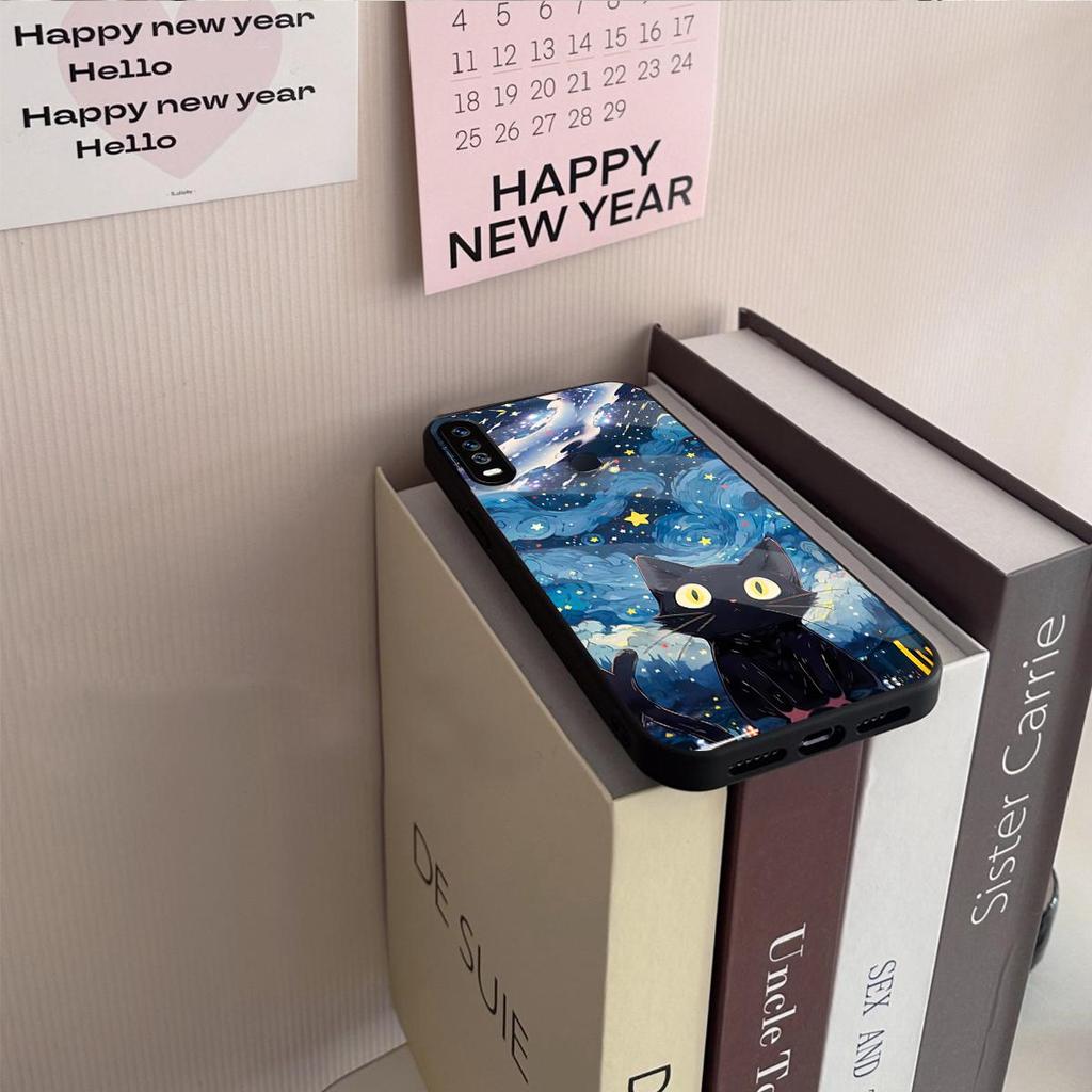 Case for Vivo Y17 Y15 2020 Y12 Y11 Anime Black Cat Starry Cloud Print Phone Cover Acrylic Hard Back Shell With Flexible TPU Edge