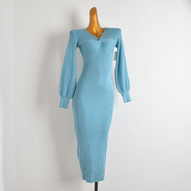 Western Style Gyaru Sexy V-neck Twisted Lantern Sleeve Knitted Dress Women Clothes Spring and Autumn Slim Fit Slimming One-Step Skirt