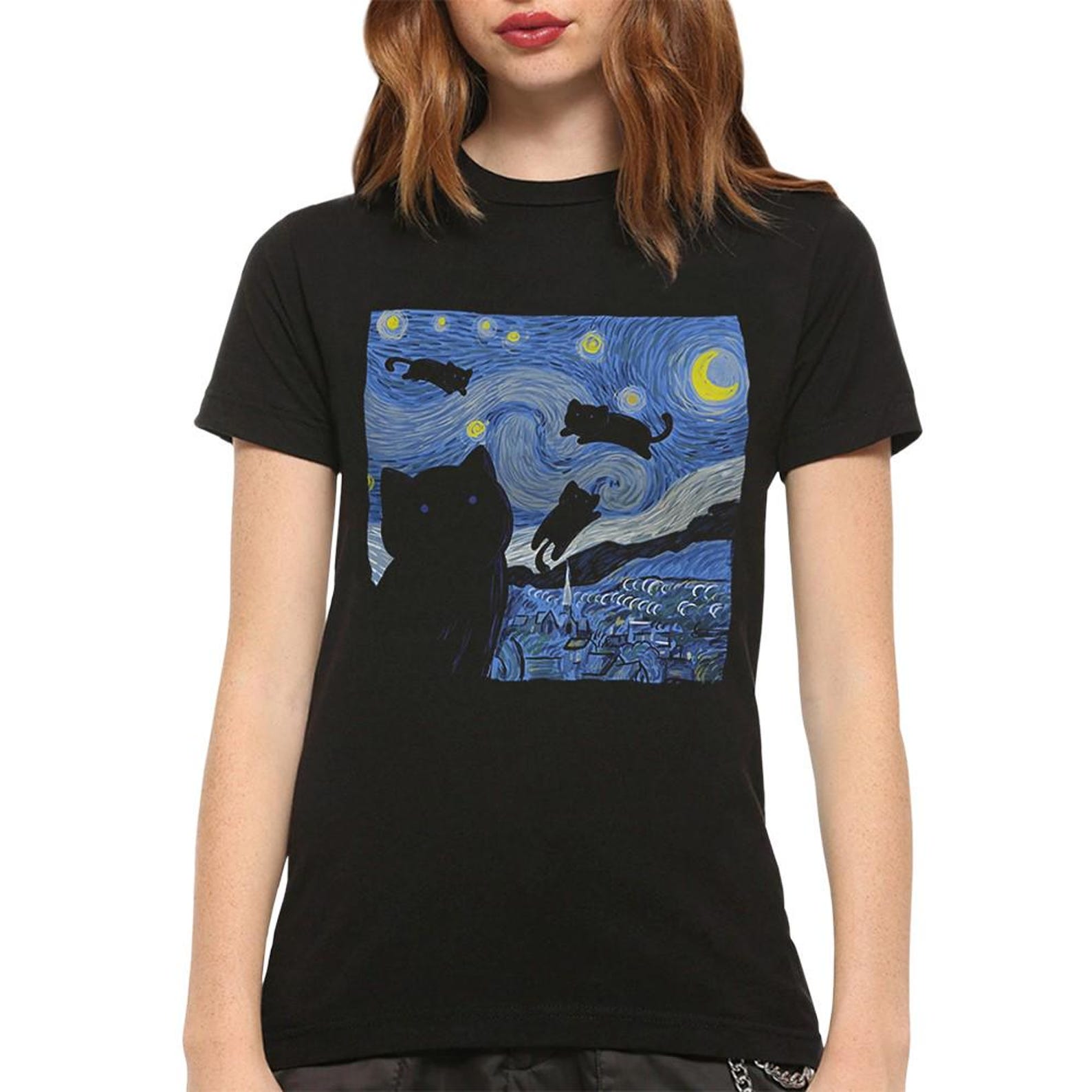 Cats Starry Night T-Shirt, Vincent van Gogh Shirt, Men s and Women s Sizes (VAN-78002) M
