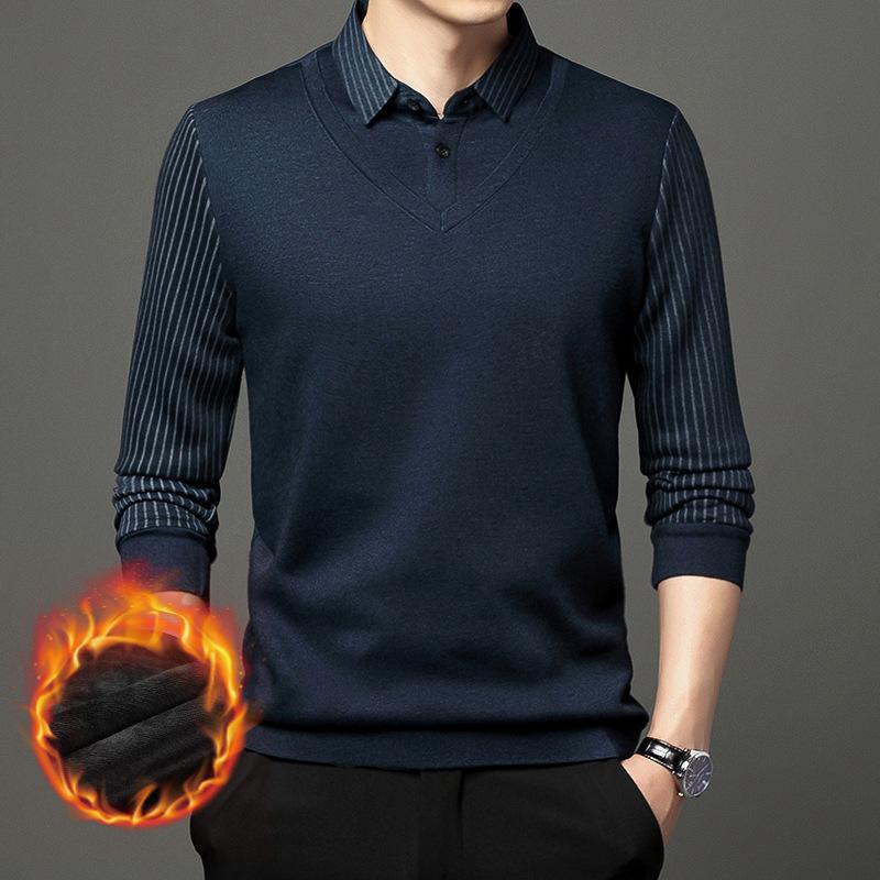 

Осенне-зимняя мужская футболка Fake Two с отворотом, молодежная, с длинным рукавом, плюс бархатная, толстая, теплая, деловая футболка