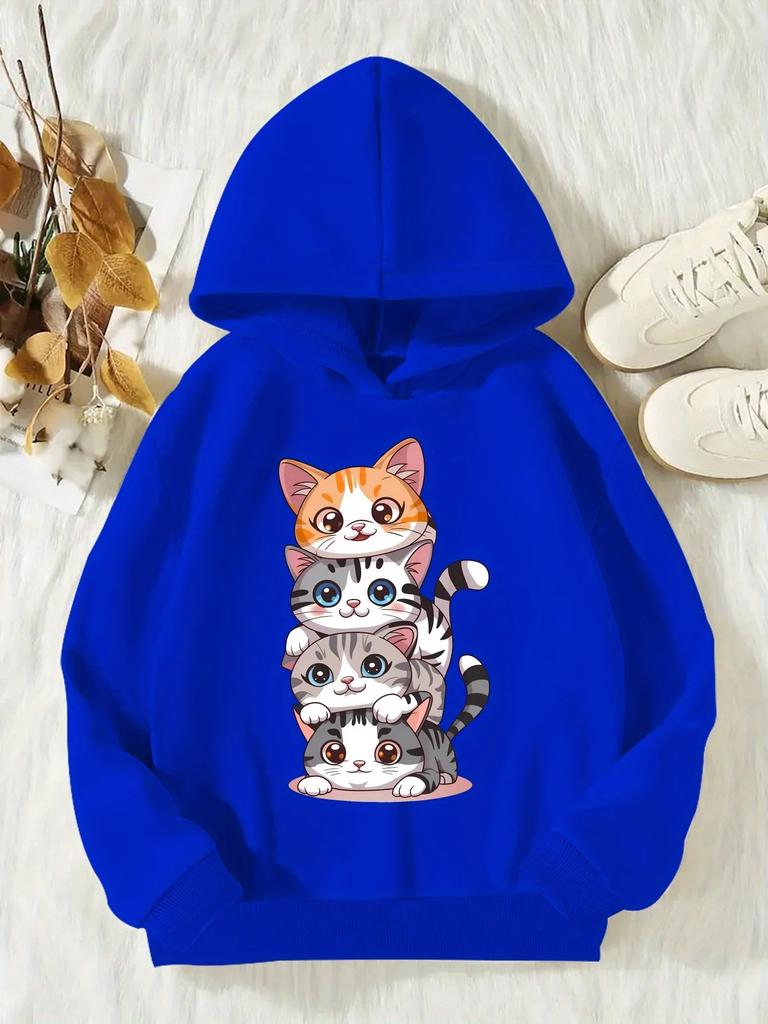 Entzückende Stapelkatzen Kinder Kapuzenpullover Bunte Cartoon-Kätzchen-Familie Grafik Herbst Winter Fleece Weich Kinder Mode Kapuzenpullover
