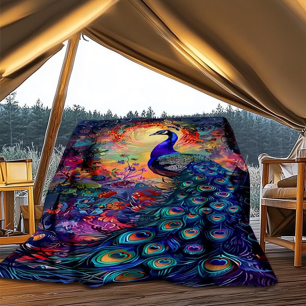 1pc Peacock Feather Artwork Throw Blanket Polyester Fiber, Lightweight Flannel, Soft & Warm, All Season Use for Outdoor, Camping Digital Print