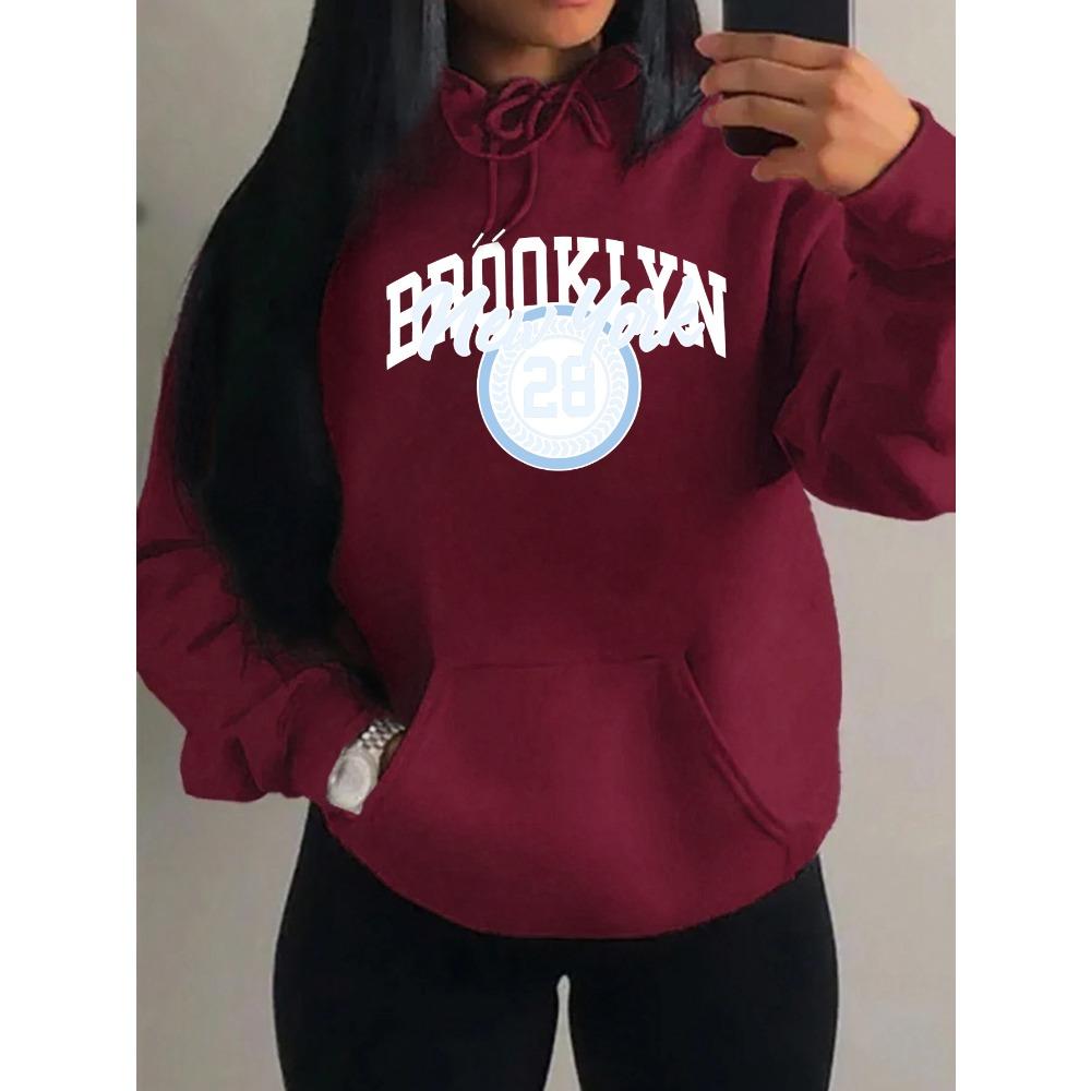 Brooklyn New York Art Letter Number 28 Design Women Hoody Autumn Casual Loose Hoodie Fleece Pocket Streetwear