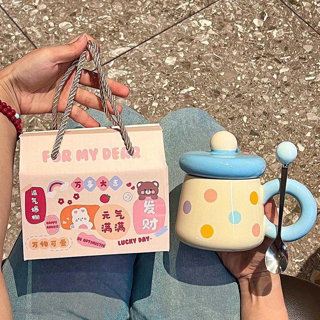 Chubby mug with lid spoon ceramic mug large capacity water cup couple home coffee breakfast cup souvenir