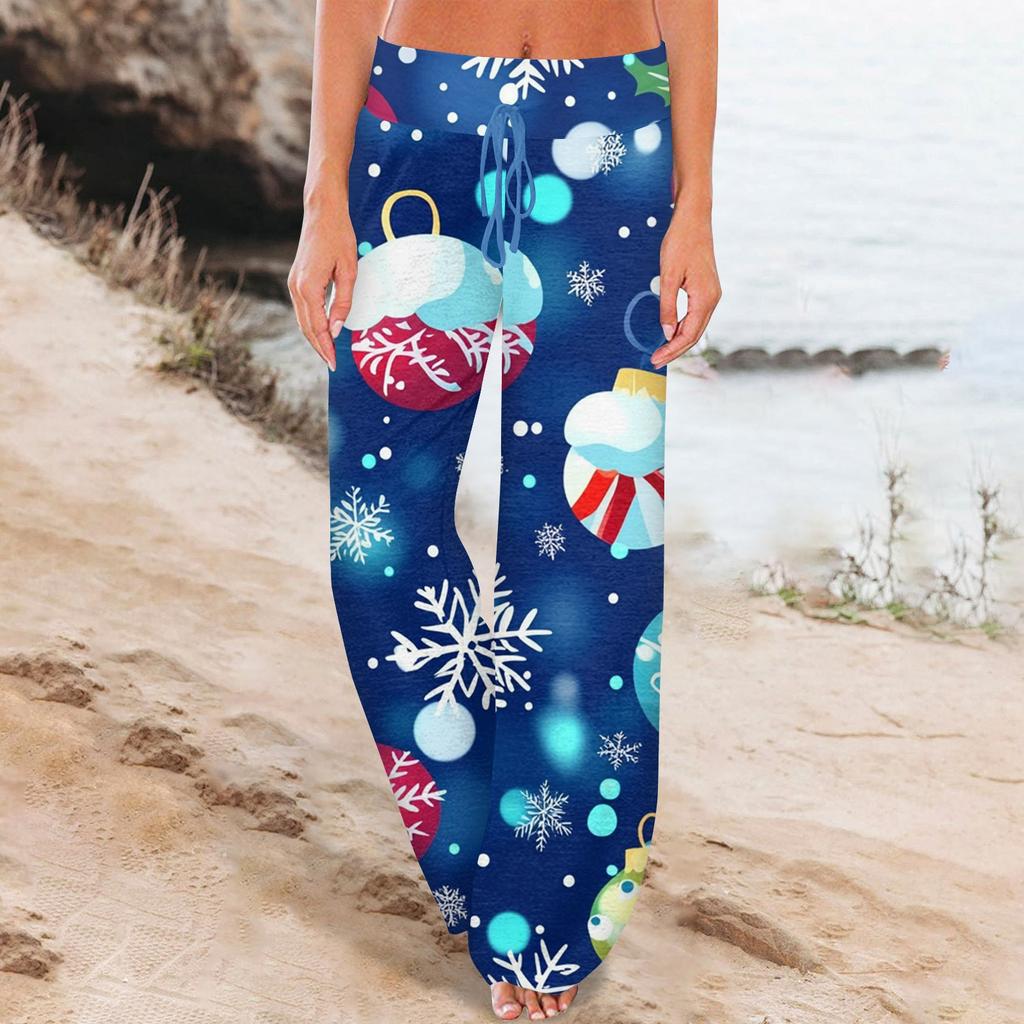 Women's Comfortable Sleeper Pants Christmas Printed Drawstring Wide Leg Pants Casual Pants